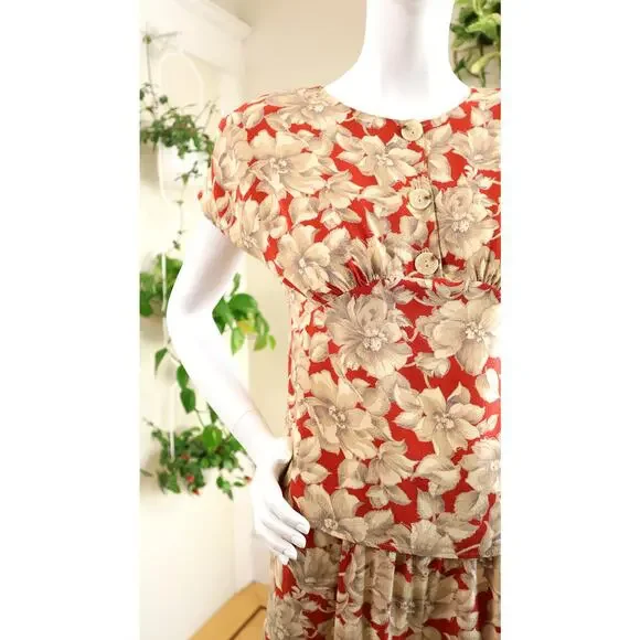 Vintage 1980s Pants Suit 80s CAROLE LITTLE Floral Art Deco Orange Blouse Top Set